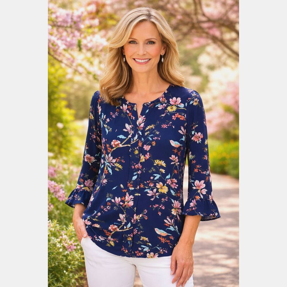 Van Heusen M Blue Floral Bird Pattern 3/4 Ruffle Sleeve Casual Chic Blouse #6